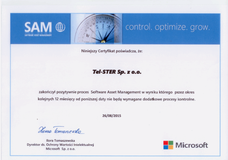 Certyfikat Microsoft SAM dla firmy TEL-STER Sp. z o.o. 