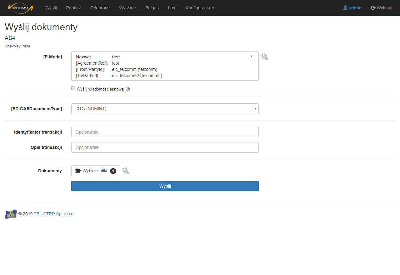 Ekran „Wyślij” w trybie 'Wysyłanie dokumentów' EDIGAS| TelCOMM |protokół AS4 | AS4 | B2B| Edigas | EDIG@S
