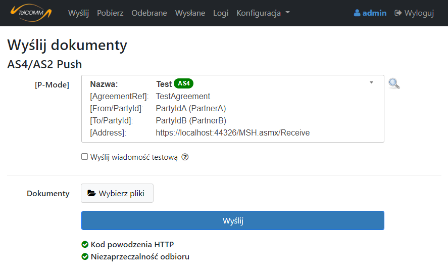 Ekran Wy?lij po analizie wysy?ki |protokół AS4 | AS4 | B2B| Edigas | EDIG@S