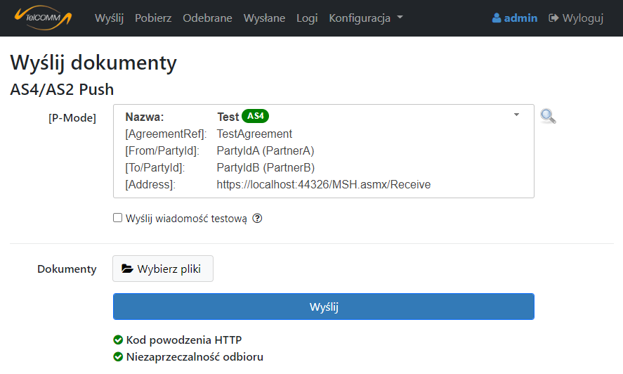 Ekran „Wyślij”– po analizie wysyłki |protokół AS4 | AS4 | B2B| Edigas | EDIG@S